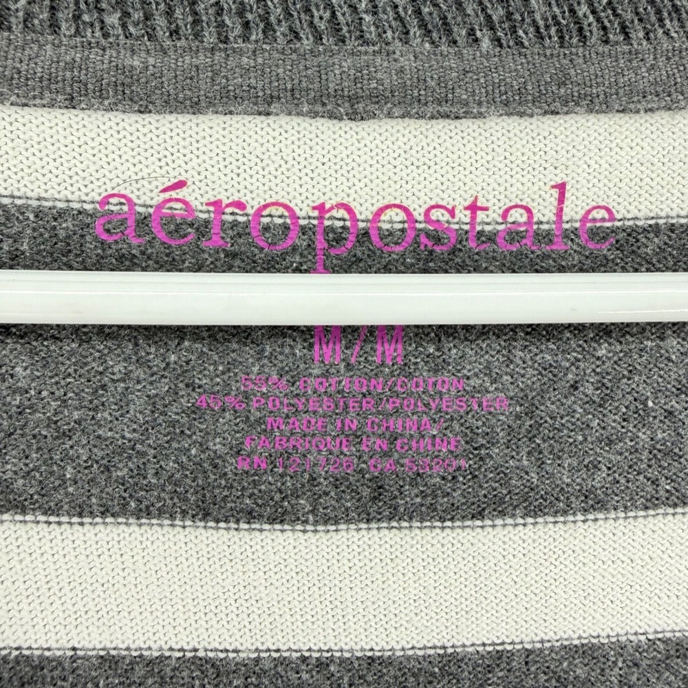 Aeropostale Womens Grey White Striped V-Neck Cotton Blend Sweater 9264FA12 M - Picture 2 of 8